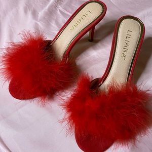 Red fluff heels